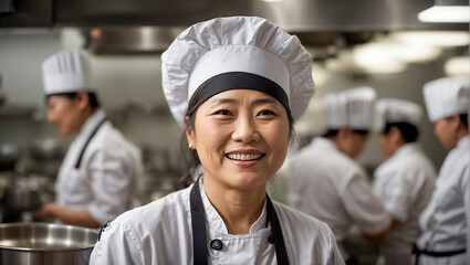Portrait happy  of an elderly Japanese woman cook in the kitchen