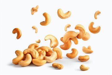 A captivating image capturing the moment when a pile of cashews is falling gracefully through the air. Perfect for food-related projects and advertisements
