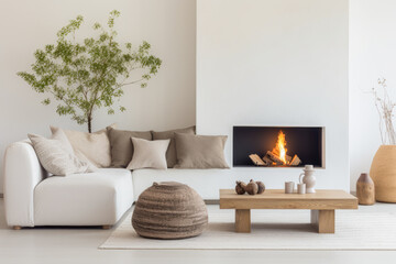 Fireplace against white sofa and rustic wooden coffee table. Scandinavian style home interior design of modern living room with fireplace.