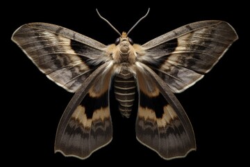 A detailed view of a moth captured against a black backdrop. Suitable for various creative projects and educational materials