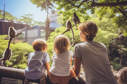 Family watching animals in the other side of the cage in the zoo. Animal captivity. Weekend getaway, grip, vacation.