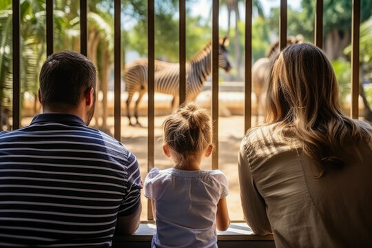 Family watching zebra in the other side of the cage in the zoo. Animal captivity. Weekend getaway, trip, vacation.