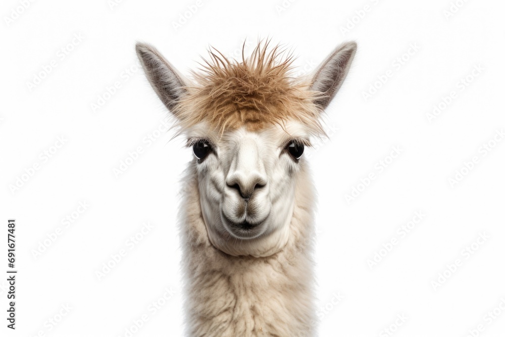 Poster A close-up photograph of a llama looking directly at the camera. Suitable for animal-themed designs and nature-related projects