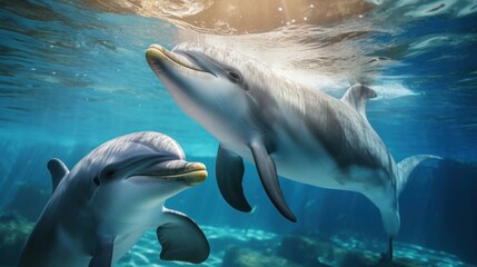  a couple of dolphins swimming next to each other on a body of water with sunlight coming through the water and a person in the water behind them looking at the dolphins. - obrazy, fototapety, plakaty