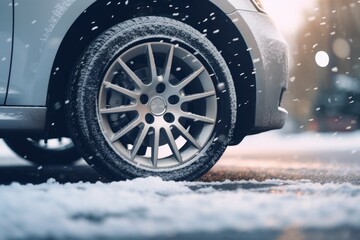 A close up shot of a car tire on a snowy road. Perfect for winter driving or road safety concepts