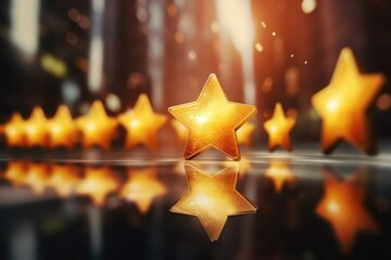 Five golden stars shining brightly on a reflective surface. Perfect for highlighting achievements or excellence. Ideal for use in presentations, awards, or recognition materials