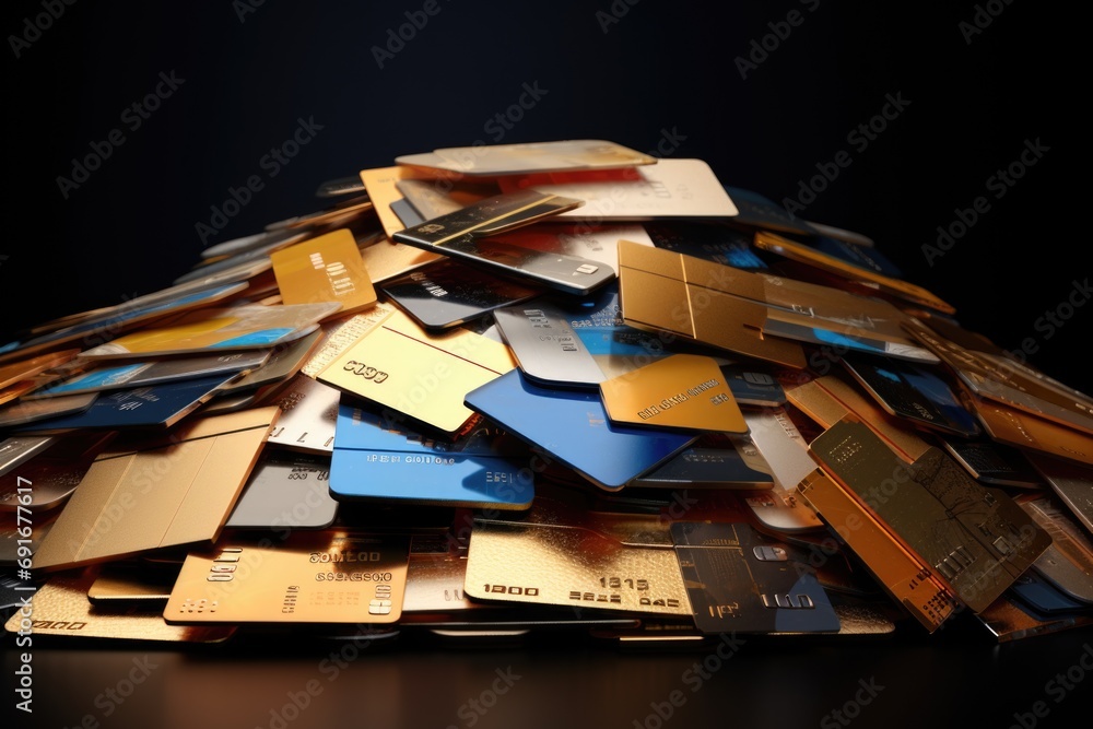 Poster a pile of credit cards stacked on top of each other. can be used to illustrate financial concepts an