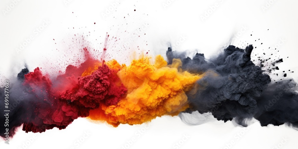 Poster colorful smoke of black, red, yellow, and blue hues is captured in the air. this vibrant image can b