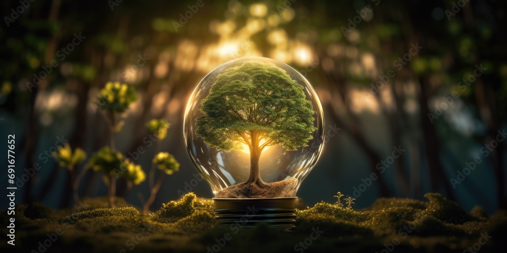 Poster A unique light bulb with a small tree growing inside. This image can be used to symbolize growth, innovation, and sustainability