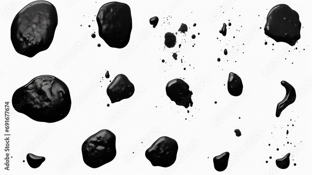 Poster black liquid drops on a white surface. versatile image that can be used for various purposes