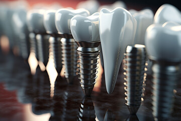 Dental implantation, teeth with implant screws. Ceramic crowns on implants. Close up of dental teeth implant. Copy space. - obrazy, fototapety, plakaty