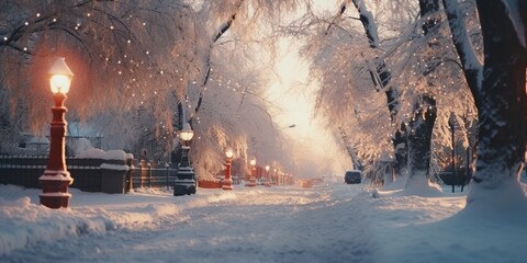 A picturesque snowy street with trees covered in snow. Perfect for winter-themed designs or holiday greetings - Powered by Adobe
