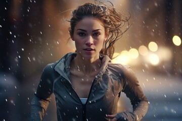 A woman running in the snow on a city street. This image can be used to depict winter exercise or a snowy urban scene