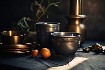 A table with a collection of bowls, plates, and a vase. Perfect for showcasing a variety of dining options.