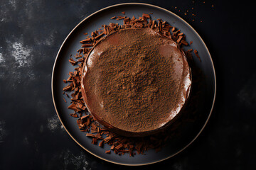 Top view of chocolate cake on a plate with fork against dark background. Copy space. Birthday celebration.