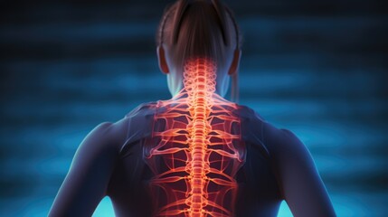 A close-up image of a woman's back with a highlighted spine. This picture can be used for medical or fitness-related content