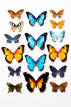 Colorful butterflies gathered on a white surface. Perfect for nature-themed designs or educational materials © Fotograf