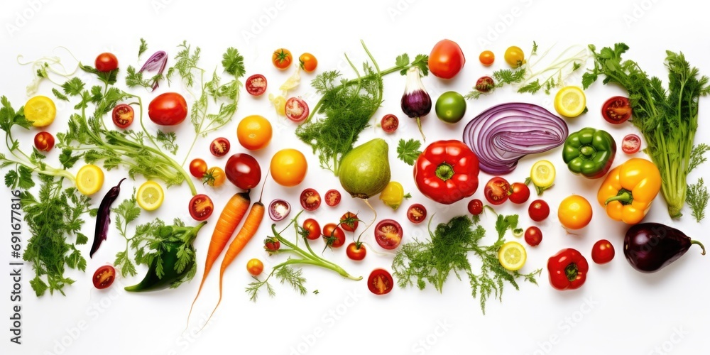 Aufkleber fresh and colorful fruits and vegetables arranged on a clean white background. perfect for healthy e