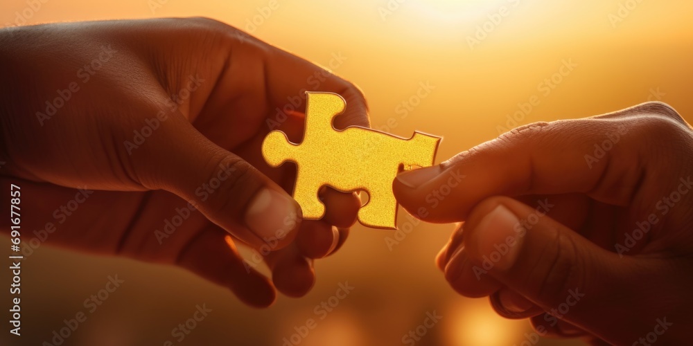 Fototapete Two hands holding a piece of a puzzle. Suitable for illustrating teamwork, problem-solving, collaboration, and unity concepts