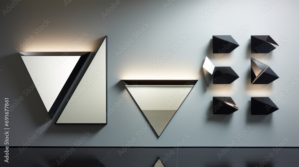 Poster a group of mirrors mounted to the side of a wall next to a wall mounted shelf with a mirror on top o