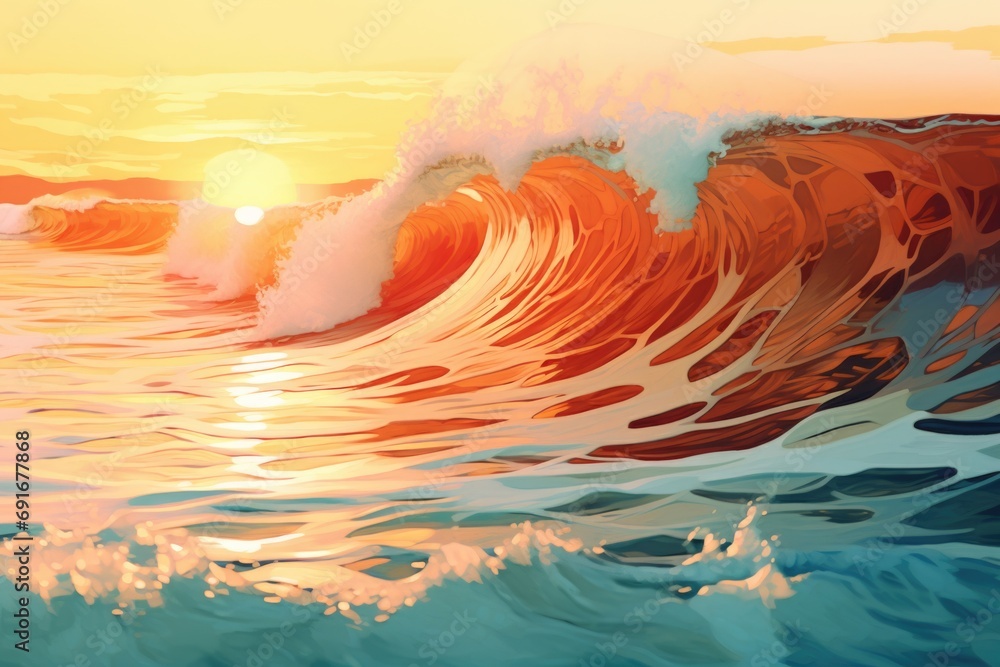 Poster a stunning painting capturing the beauty of a wave in the ocean at sunset. perfect for adding a touc
