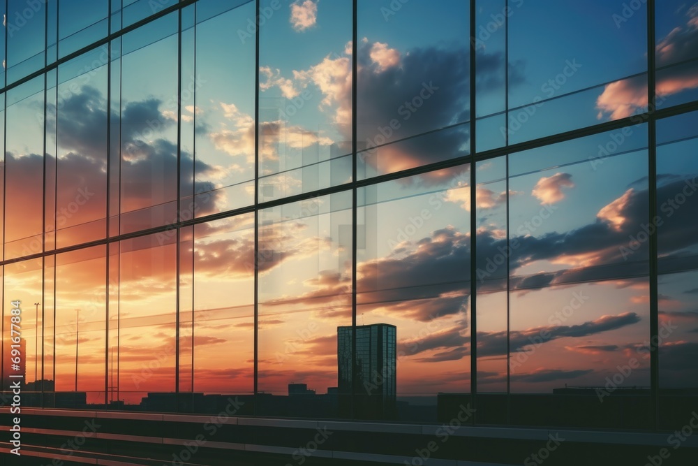Poster a breathtaking view of a sunset seen through the glass windows of a modern building. perfect for add