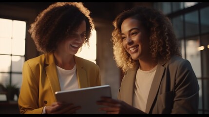 Two women standing next to each other looking at a tablet. Suitable for technology, teamwork, and communication concepts