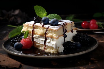 Piece of delicious sweet cake with cream, berries, mint. Celebration and Birthday background