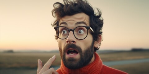 A man with a surprised expression on his face. Can be used to depict shock, amazement, or disbelief.