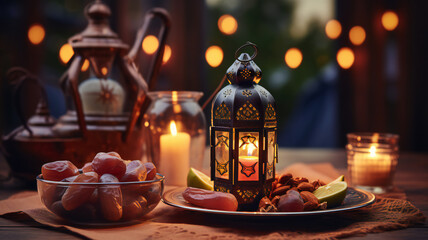 Fototapeta na wymiar Christmas lantern with candle. Ramadan lanterns and a plate of dates on the table for ramadan kareem concept, blurred background