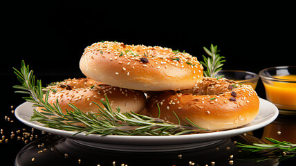 bagel with cream cheese. buns, bagels with sesame and poppy seeds at a table against dark background	
