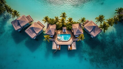 A serene island getaway with palm trees, clear blue waters, and sandy beaches. - obrazy, fototapety, plakaty