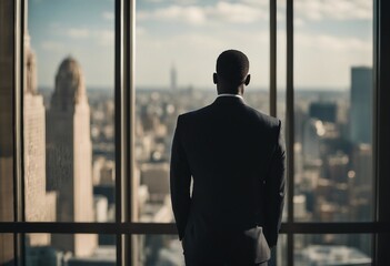 Back view of a black man in a suit looking out at the city through a window.