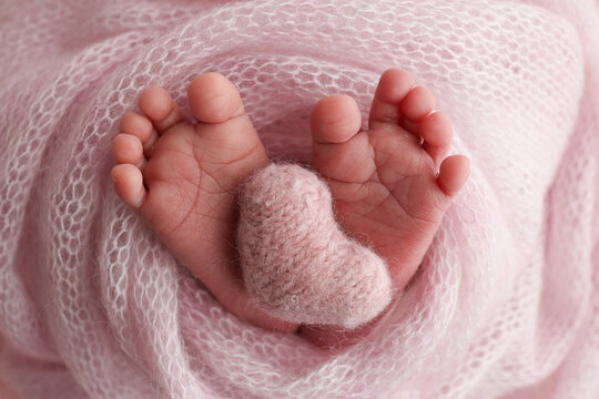 The tiny foot of a newborn baby. Soft feet of a new born in a pink wool blanket. Close up of toes, heels and feet of a newborn. Knitted pink heart in the legs of a baby. Studio macro photography.