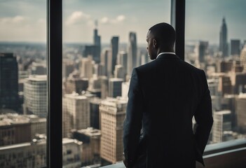 Obraz na płótnie Canvas Back view of a black man in a suit looking out at the city through a window.