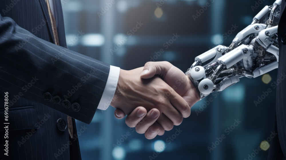 Poster a man shaking hands with a robot, symbolizing the integration of technology into the business world.