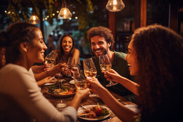 group of friends celebrating at bar
