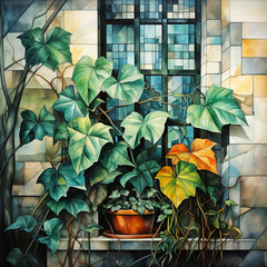 Cubist Ivy Window - obrazy, fototapety, plakaty