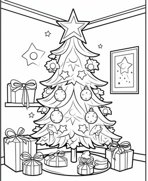 Black and white coloring sheet, Christmas tree and packaged gifts. The Christmas star as a symbol of the birth of the savior.