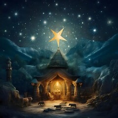 Bethlehem's stable on the night of the Nativity of Christ the Lord. The Christmas star as a symbol of the birth of the savior. - obrazy, fototapety, plakaty