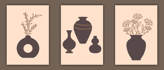 Set of clay vases poster. Contemporary pottery set boho minimalist wall decor. Vector illustration