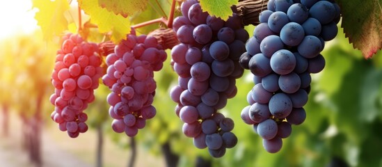 portrait of fresh grapes with the stems and leaves still on - obrazy, fototapety, plakaty