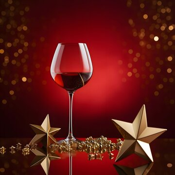 Golden stars and a glass of wine on a red background. The Christmas star as a symbol of the birth of the savior.