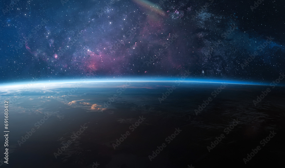 Poster earth planet horizon. earth orbit in sunrise in deep space with stars. planet at night. elements of 