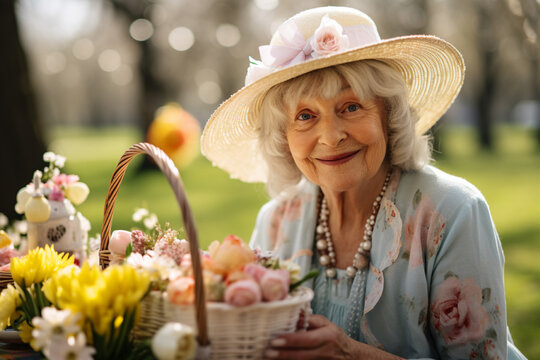 Medium shot portrait photography of a woman in her 70s that is wearing Sundress with Easter bonnet against Easter picnic in the park background