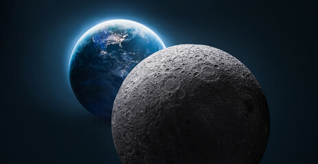 Earth and Moon in deep dark space. Earth planet and Moon satellite. Lunar space program sci-fi concept. Elements of this image furnished by NASA