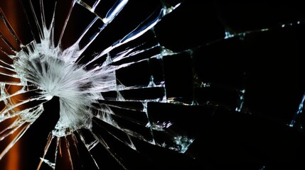 A shattered glass window against a dark backdrop. - obrazy, fototapety, plakaty