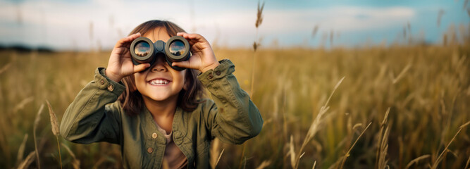 Cute little child looking through binoculars on sunny summer day. Young kid exploring nature. Family time outdoors, active leisure for children.