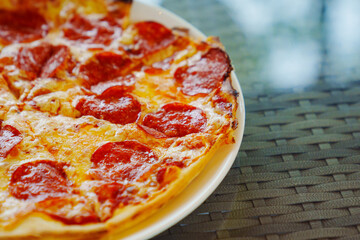 Close-up of pepperoni pizza. 