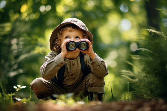 Cute little child looking through binoculars on sunny summer day. Young kid exploring nature. Family time outdoors, active leisure for children.